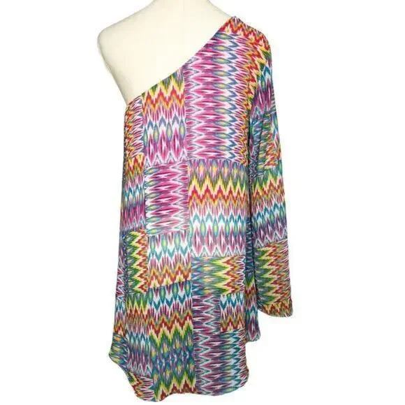 Umgee One Sleeve / Sleeveless Zig Zag Print‎ Dress Size Medium - Picture 3 of 9